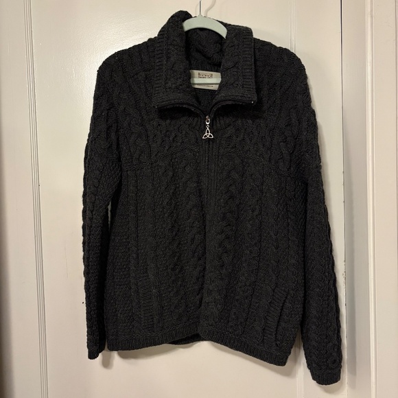 ARAN Double Collar Zip Merino Cardigan Charcoal Gray, Sz M - Picture 3 of 10